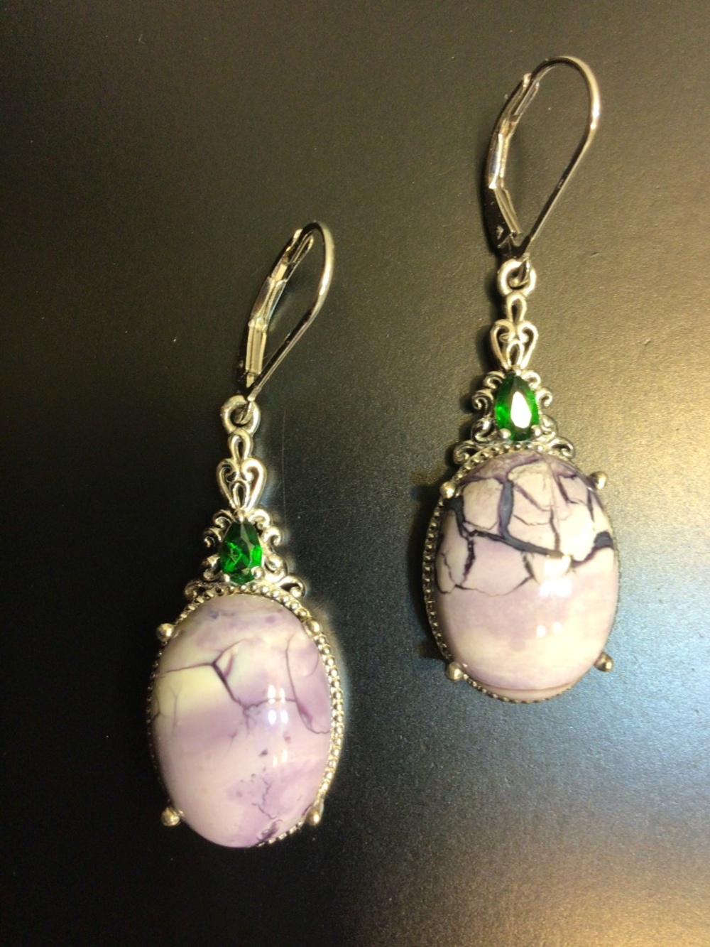 Sterling Silver 925 Ornate Dangle Earrings Oval Pink/Lavender Dendritic Opal?